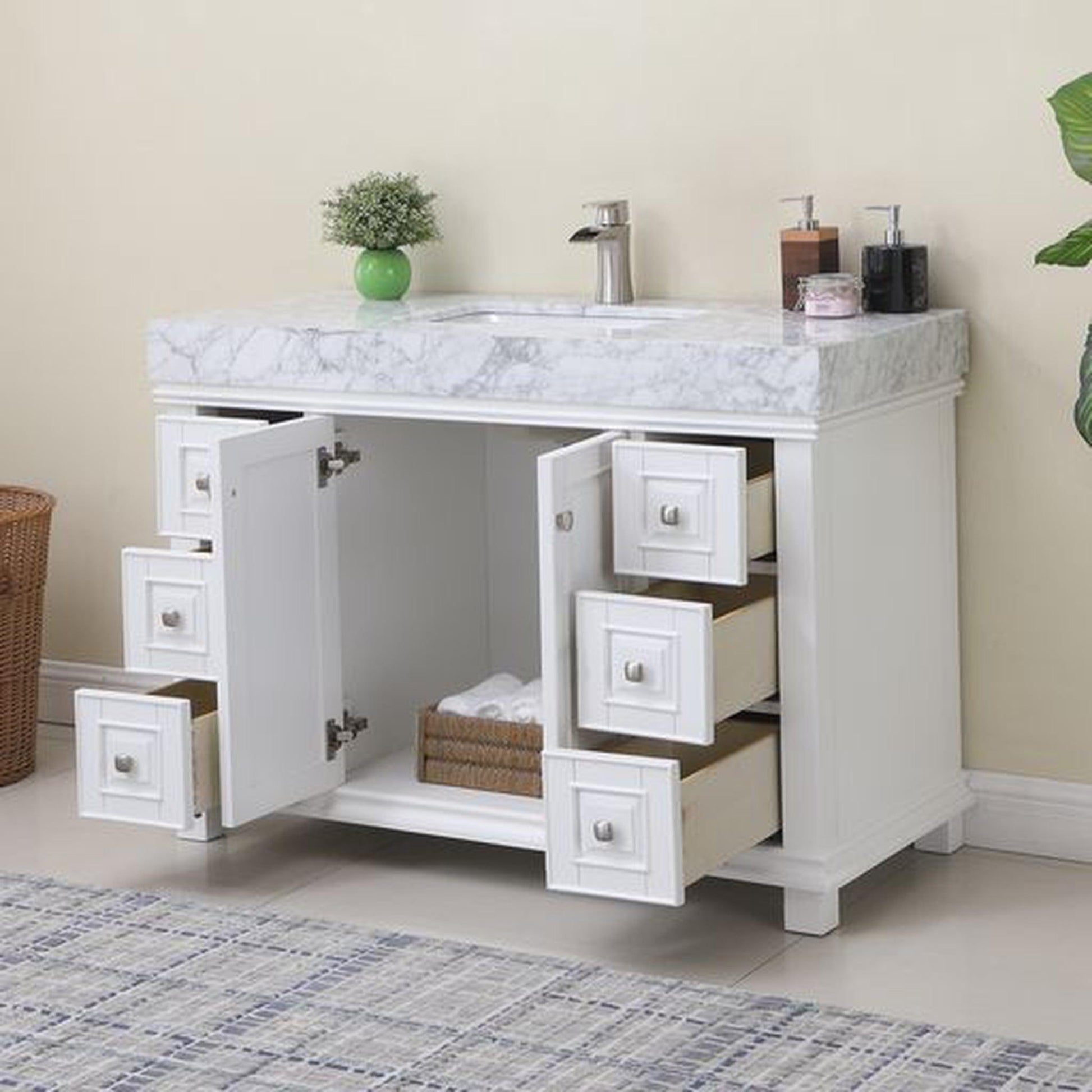 Altair Jardin 48" Single White Freestanding Bathroom Vanity Set With Natural Carrara White Marble Top, Rectangular Undermount Ceramic Sink, and Overflow