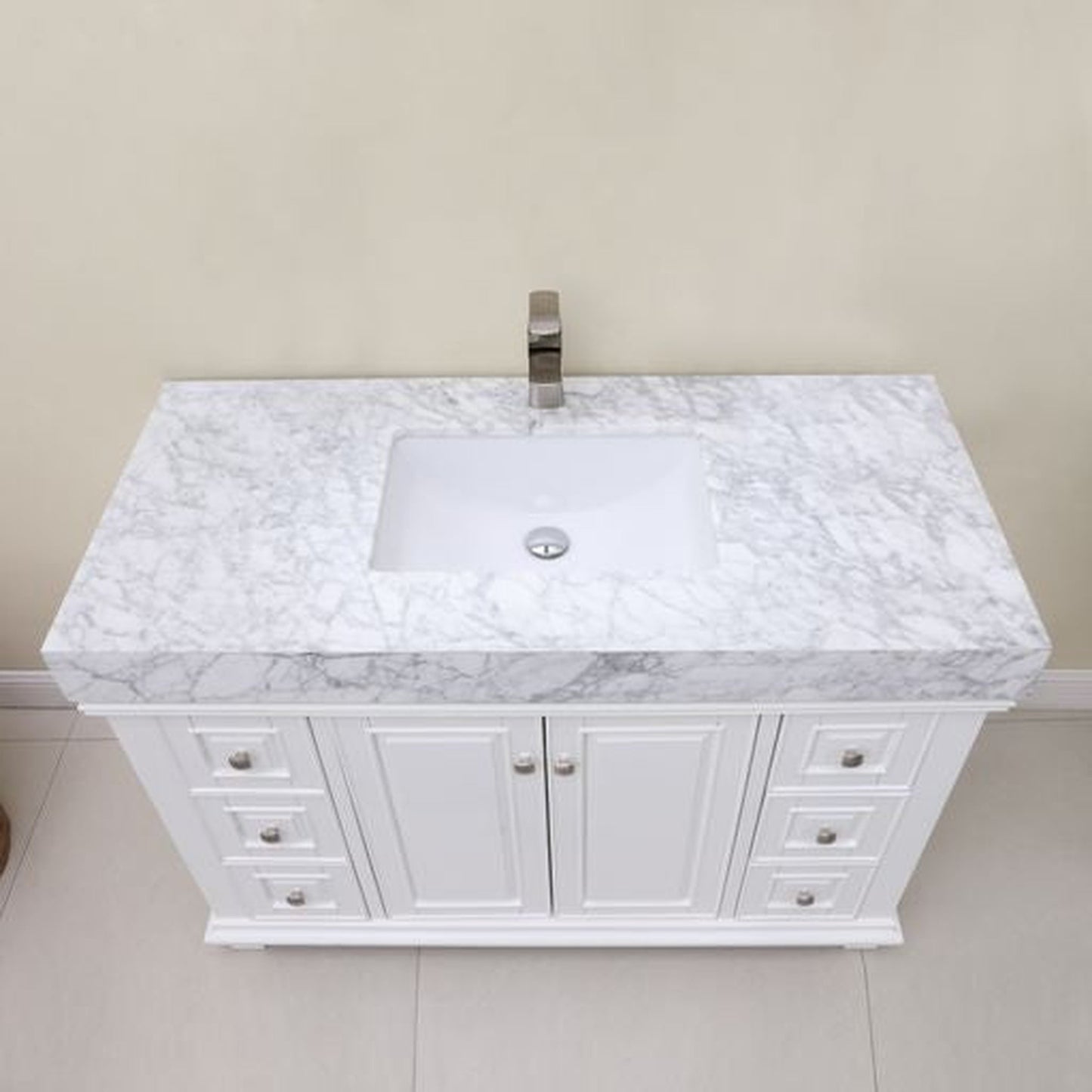 Altair Jardin 48" Single White Freestanding Bathroom Vanity Set With Natural Carrara White Marble Top, Rectangular Undermount Ceramic Sink, and Overflow