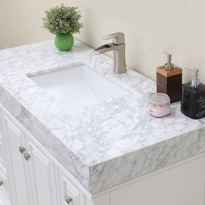 Altair Jardin 48" Single White Freestanding Bathroom Vanity Set With Natural Carrara White Marble Top, Rectangular Undermount Ceramic Sink, and Overflow