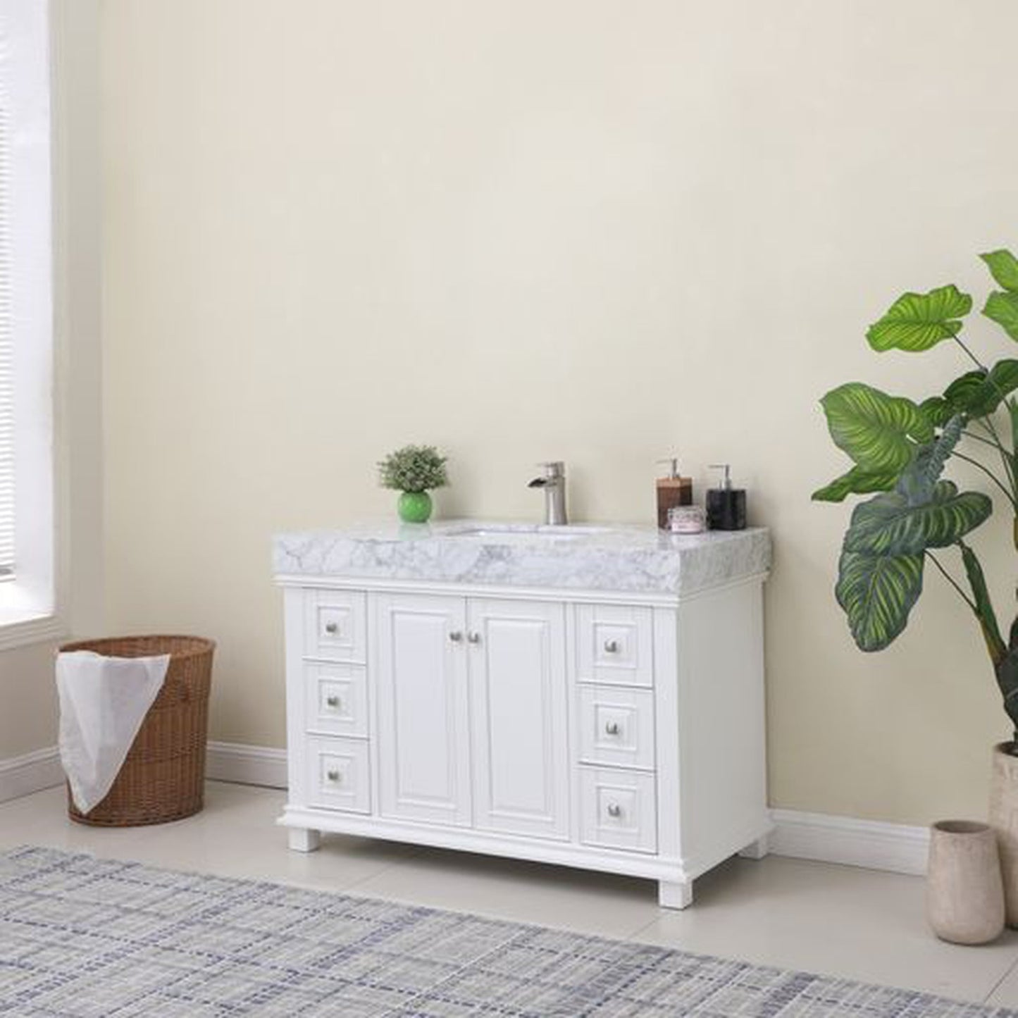 Altair Jardin 48" Single White Freestanding Bathroom Vanity Set With Natural Carrara White Marble Top, Rectangular Undermount Ceramic Sink, and Overflow