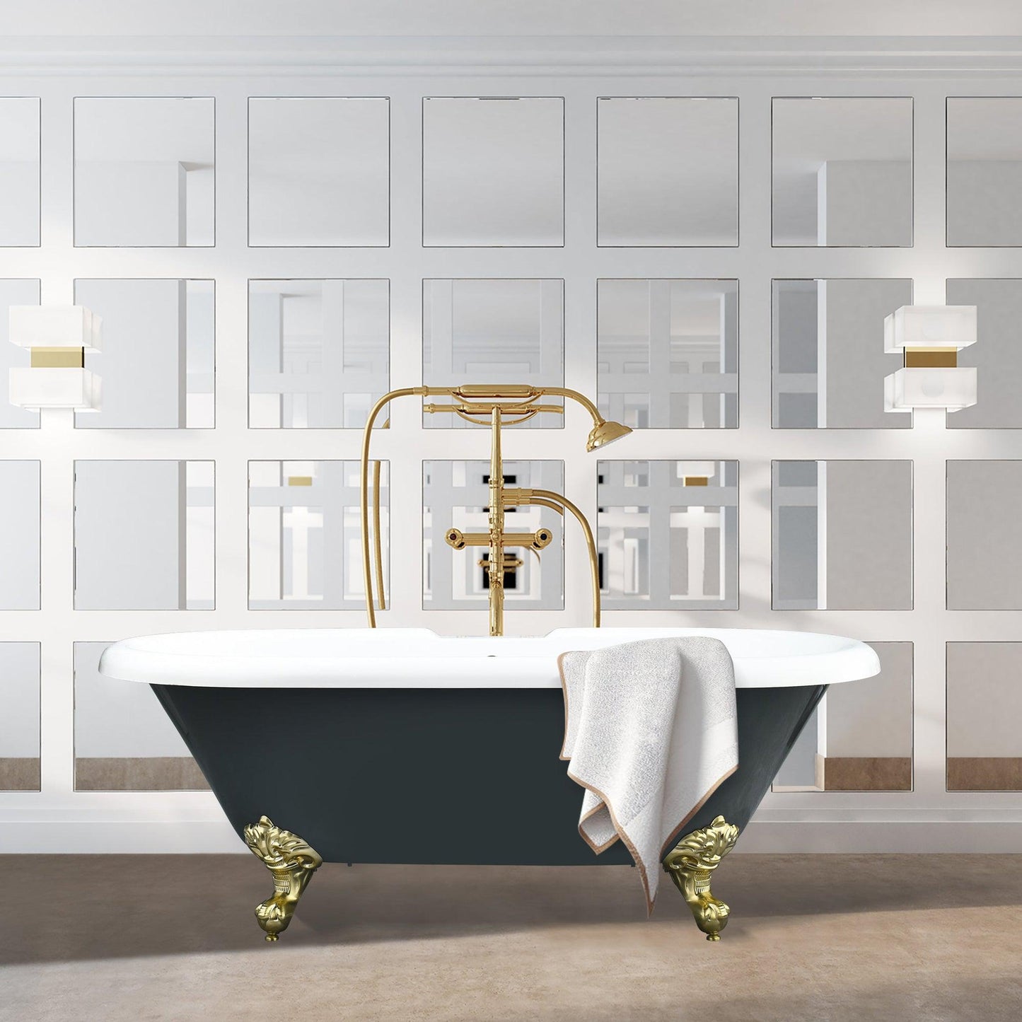 Altair Kerta 67" x 29" Gray Acrylic Clawfoot Bathtub With Brushed Brass Drain and Overflow