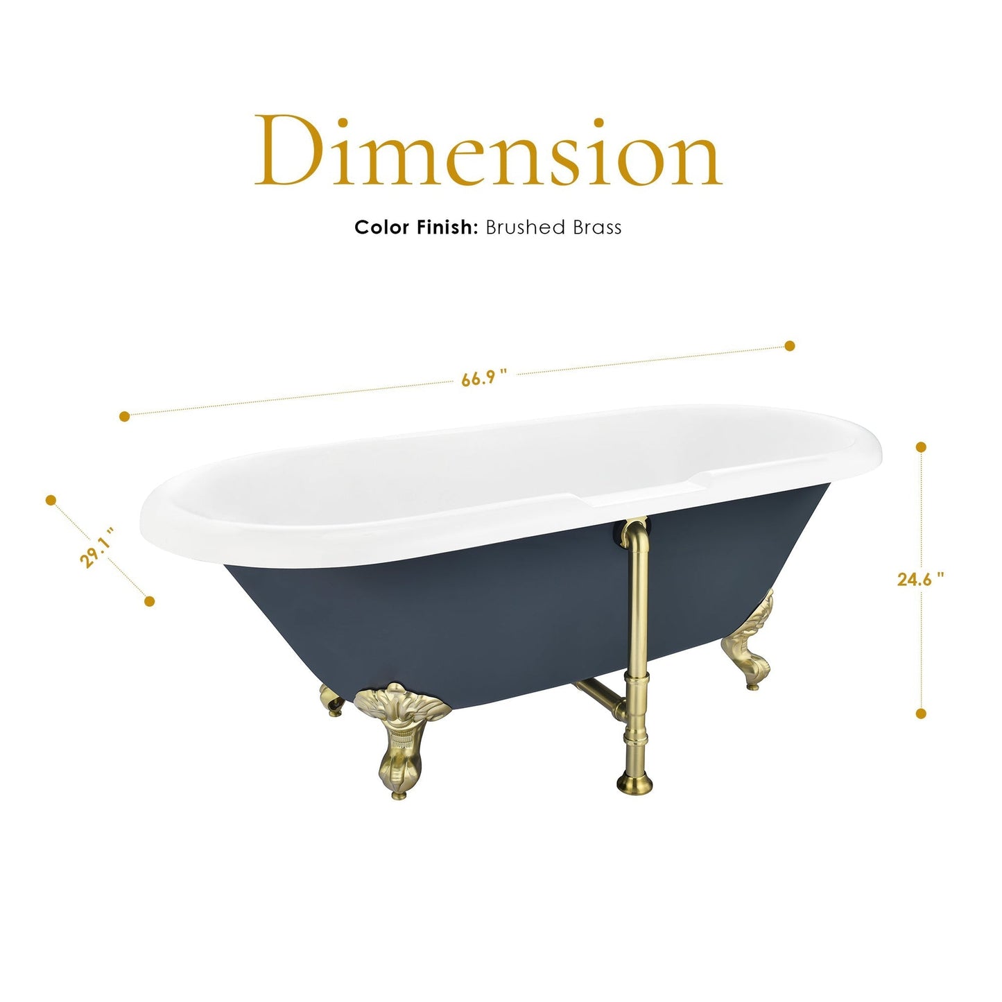 Altair Kerta 67" x 29" Gray Acrylic Clawfoot Bathtub With Brushed Brass Drain and Overflow