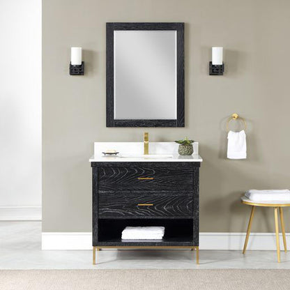 Altair Kesia 36" Black Oak Freestanding Single Bathroom Vanity Set With Mirror, Stylish Aosta White Composite Stone Top, Rectangular Undermount Ceramic Sink, Overflow, and Backsplash