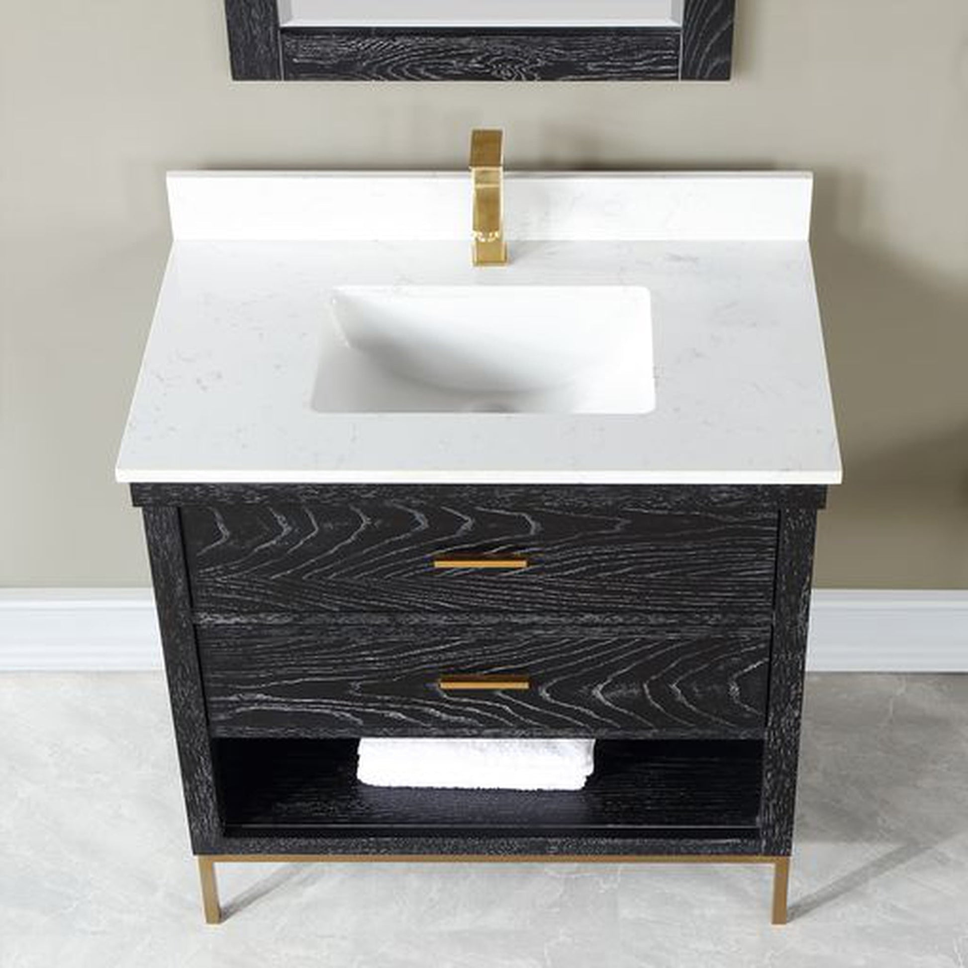 Altair Kesia 36" Black Oak Freestanding Single Bathroom Vanity Set With Mirror, Stylish Aosta White Composite Stone Top, Rectangular Undermount Ceramic Sink, Overflow, and Backsplash