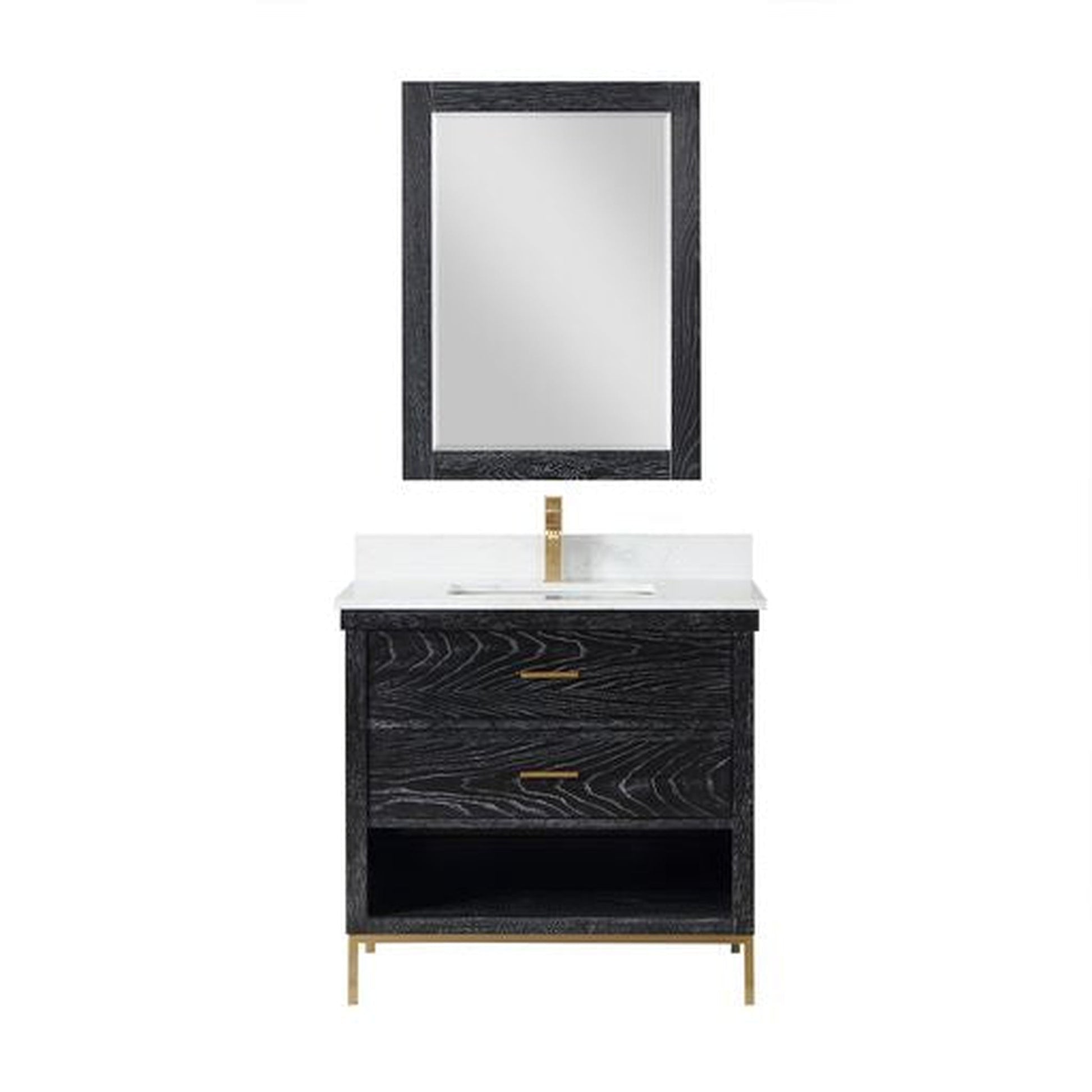 Altair Kesia 36" Black Oak Freestanding Single Bathroom Vanity Set With Mirror, Stylish Aosta White Composite Stone Top, Rectangular Undermount Ceramic Sink, Overflow, and Backsplash