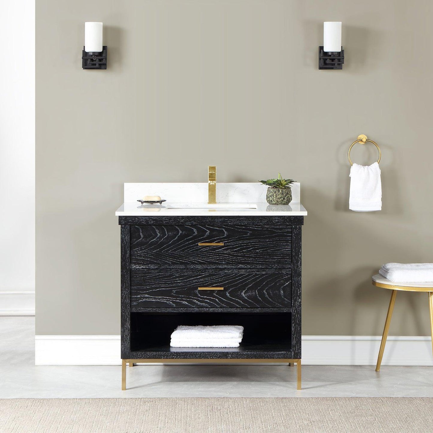 Altair Kesia 36" Black Oak Freestanding Single Bathroom Vanity Set With Stylish Aosta White Composite Stone Top, Rectangular Undermount Ceramic Sink, Overflow, and Backsplash