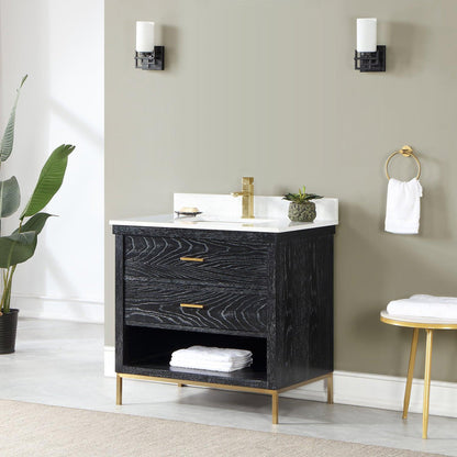 Altair Kesia 36" Black Oak Freestanding Single Bathroom Vanity Set With Stylish Aosta White Composite Stone Top, Rectangular Undermount Ceramic Sink, Overflow, and Backsplash