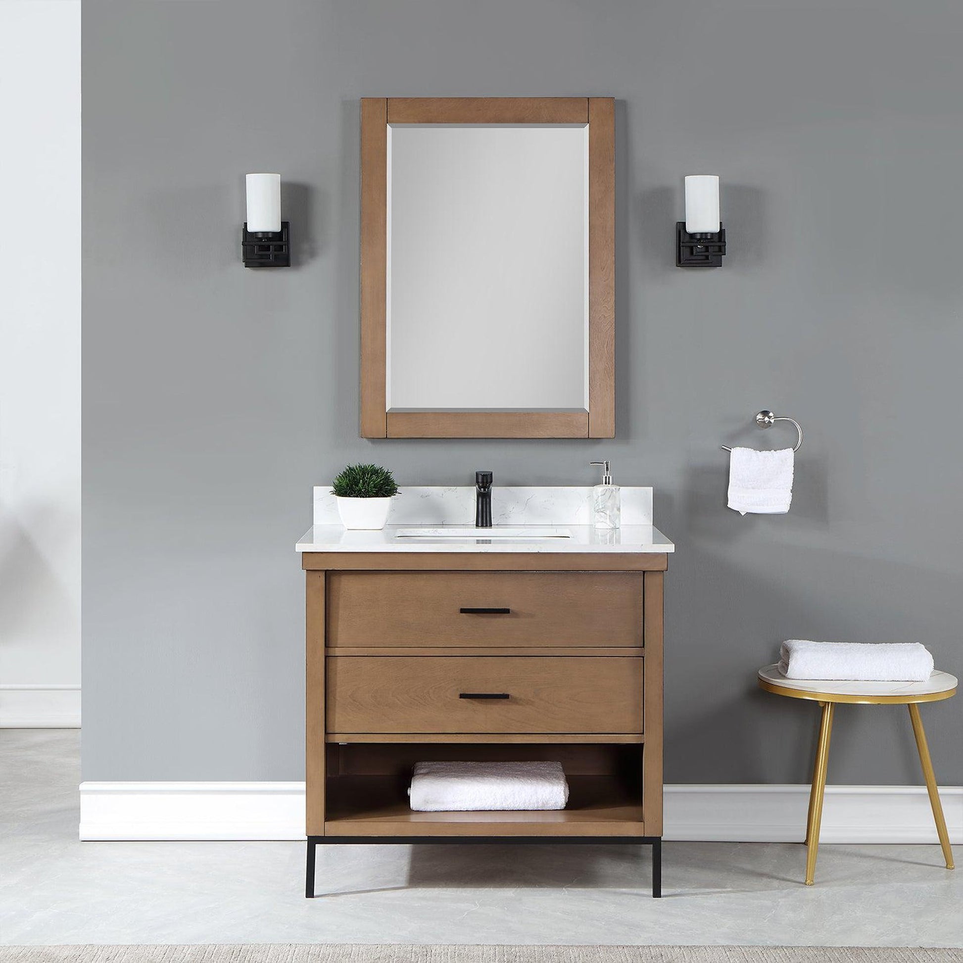 Altair Kesia 36" Brown Pine Freestanding Single Bathroom Vanity Set With Mirror, Stylish Aosta White Composite Stone Top, Rectangular Undermount Ceramic Sink, Overflow, and Backsplash