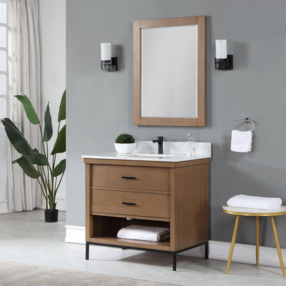 Altair Kesia 36" Brown Pine Freestanding Single Bathroom Vanity Set With Mirror, Stylish Aosta White Composite Stone Top, Rectangular Undermount Ceramic Sink, Overflow, and Backsplash