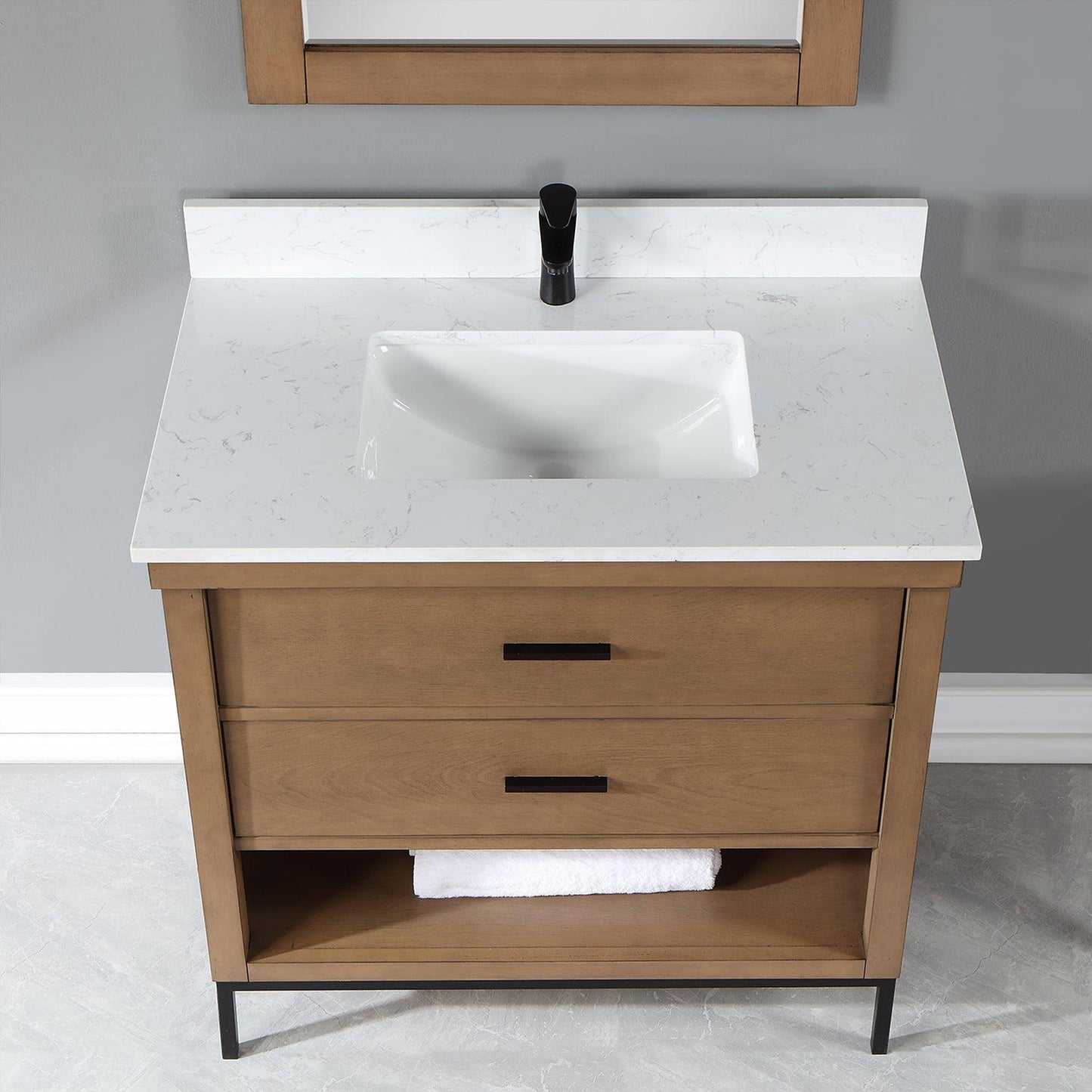 Altair Kesia 36" Brown Pine Freestanding Single Bathroom Vanity Set With Mirror, Stylish Aosta White Composite Stone Top, Rectangular Undermount Ceramic Sink, Overflow, and Backsplash