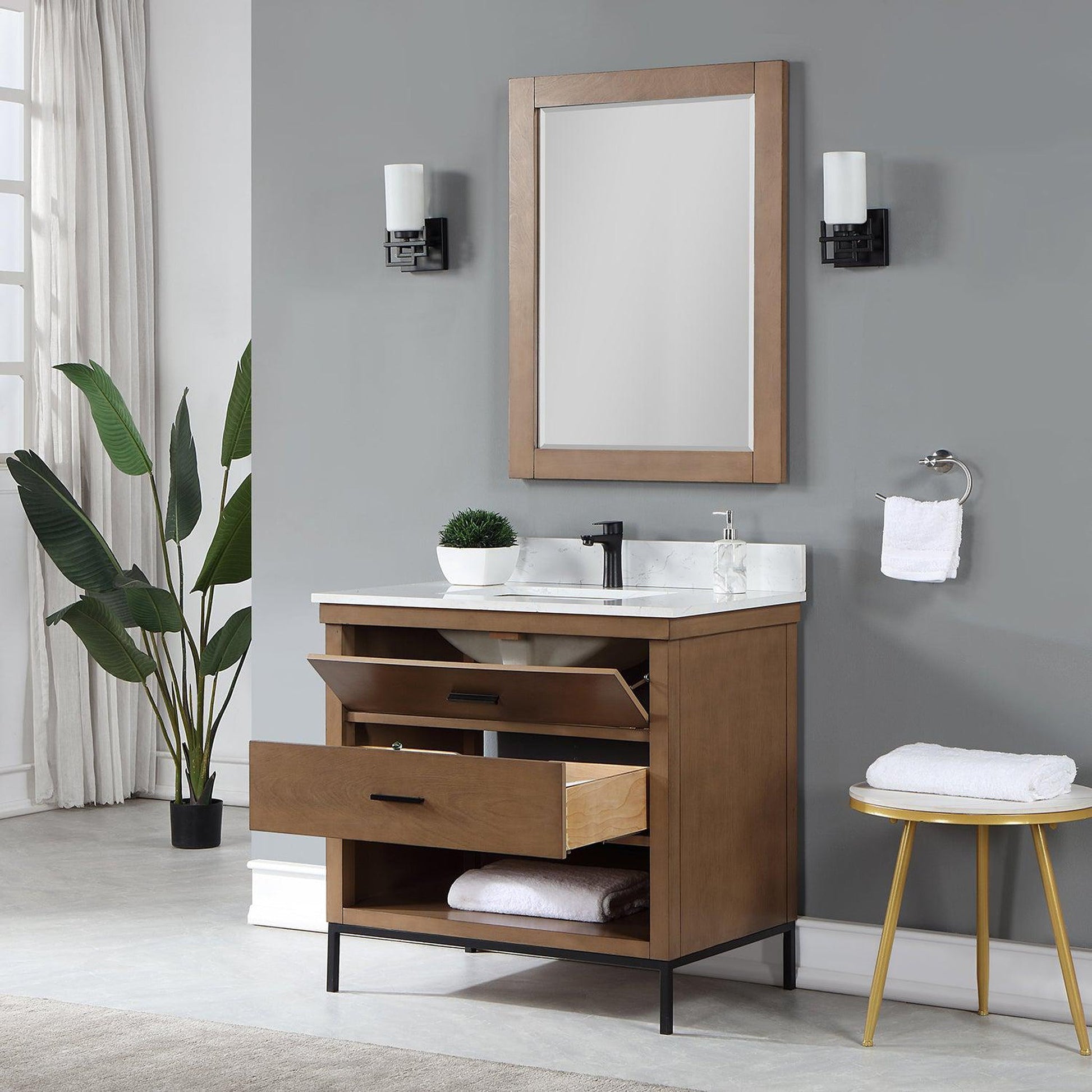 Altair Kesia 36" Brown Pine Freestanding Single Bathroom Vanity Set With Mirror, Stylish Aosta White Composite Stone Top, Rectangular Undermount Ceramic Sink, Overflow, and Backsplash