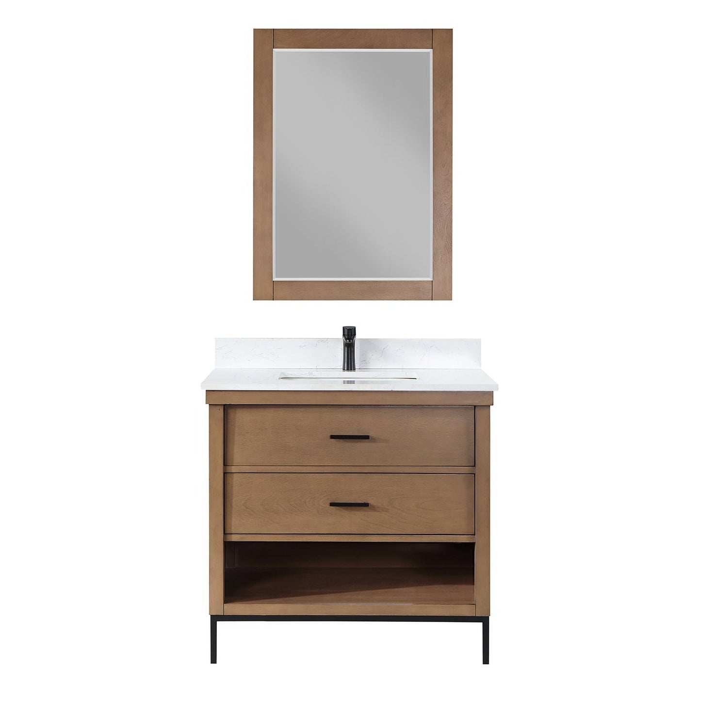 Altair Kesia 36" Brown Pine Freestanding Single Bathroom Vanity Set With Mirror, Stylish Aosta White Composite Stone Top, Rectangular Undermount Ceramic Sink, Overflow, and Backsplash