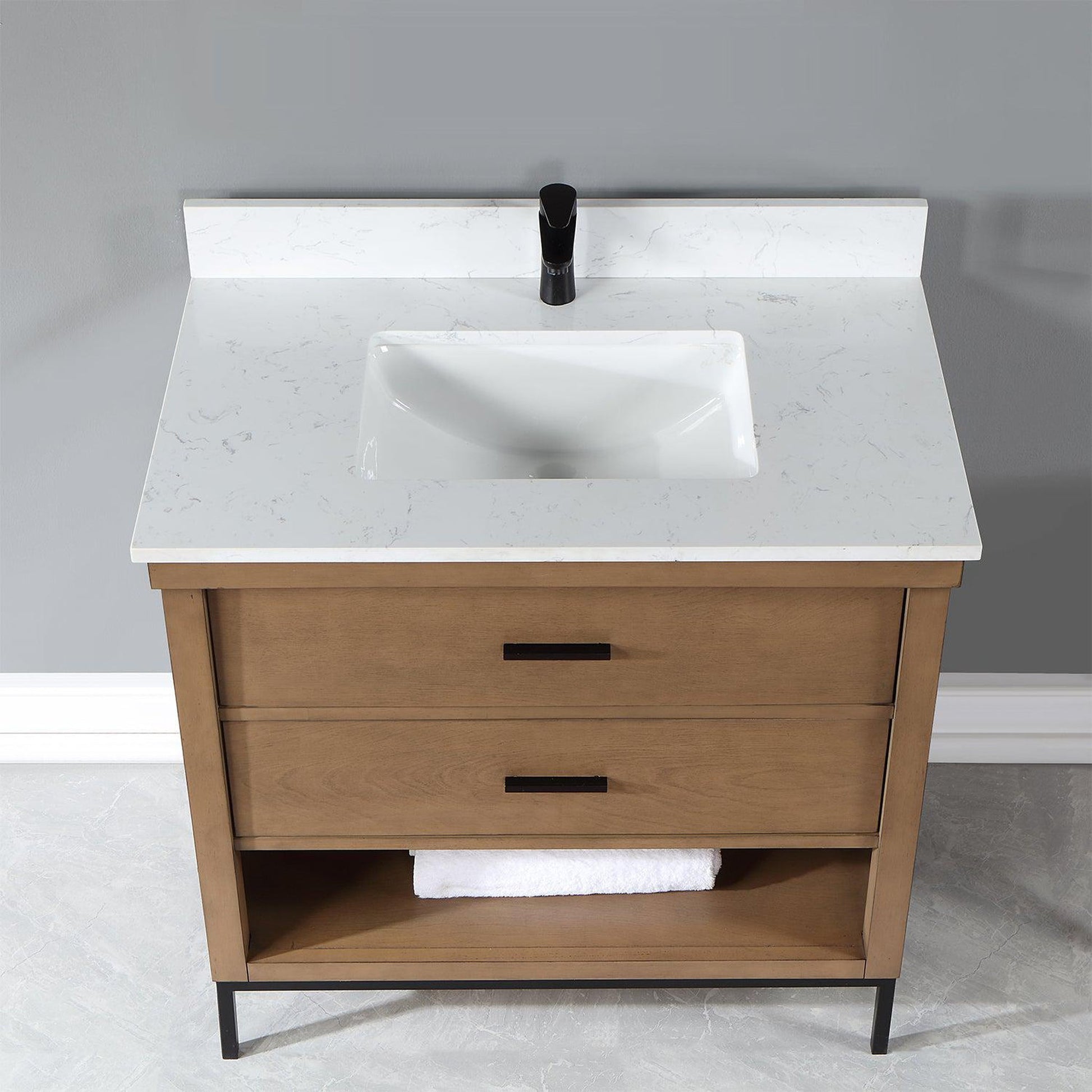 Altair Kesia 36" Brown Pine Freestanding Single Bathroom Vanity Set With Stylish Aosta White Composite Stone Top, Rectangular Undermount Ceramic Sink, Overflow, and Backsplash