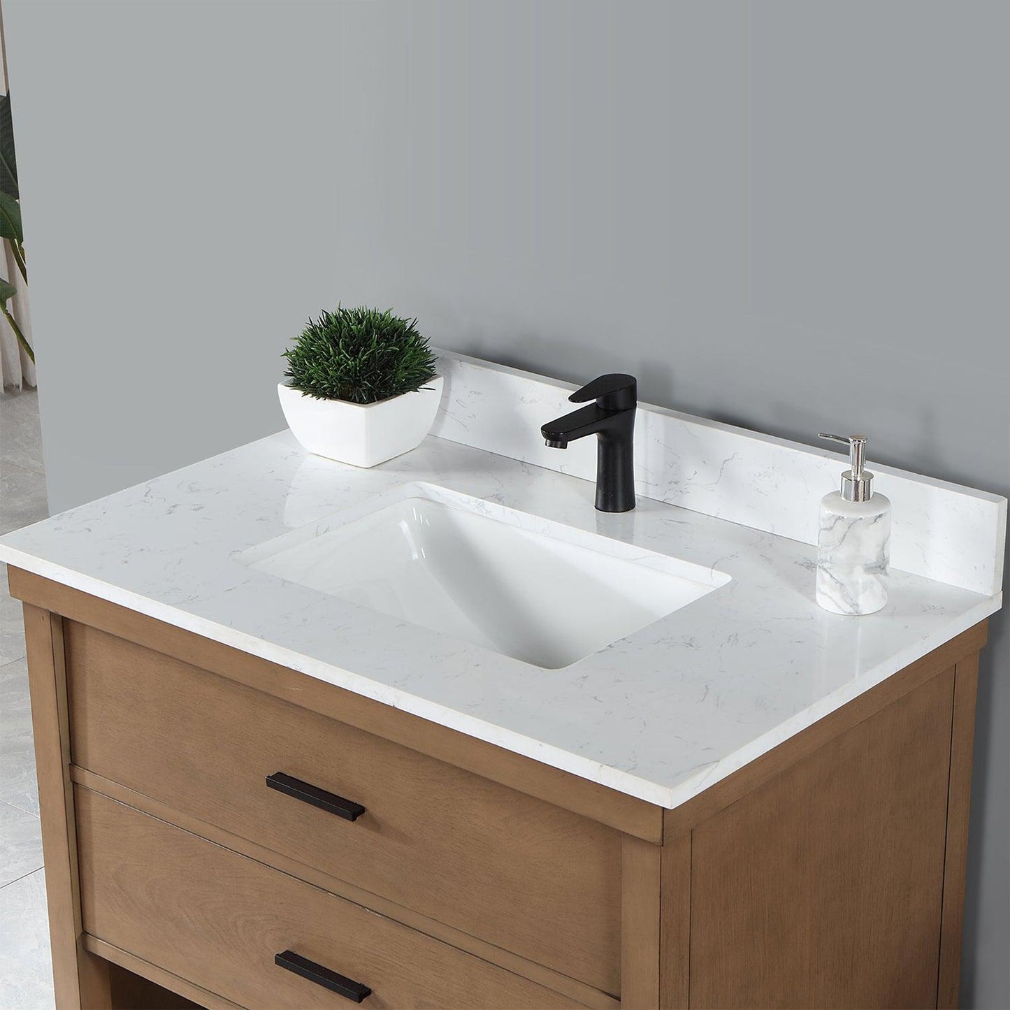 Altair Kesia 36" Brown Pine Freestanding Single Bathroom Vanity Set With Stylish Aosta White Composite Stone Top, Rectangular Undermount Ceramic Sink, Overflow, and Backsplash