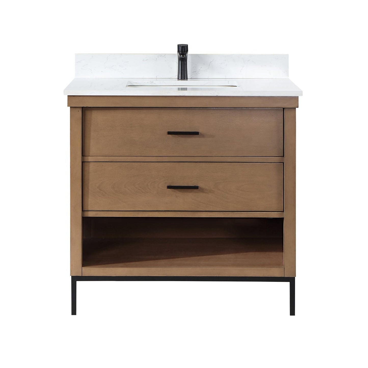 Altair Kesia 36" Brown Pine Freestanding Single Bathroom Vanity Set With Stylish Aosta White Composite Stone Top, Rectangular Undermount Ceramic Sink, Overflow, and Backsplash