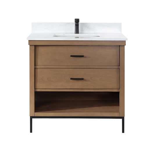 Altair Kesia 36" Brown Pine Freestanding Single Bathroom Vanity Set With Stylish Aosta White Composite Stone Top, Rectangular Undermount Ceramic Sink, Overflow, and Backsplash