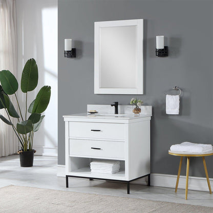 Altair Kesia 36" White Freestanding Single Bathroom Vanity Set With Mirror, Stylish Aosta White Composite Stone Top, Rectangular Undermount Ceramic Sink, Overflow, and Backsplash