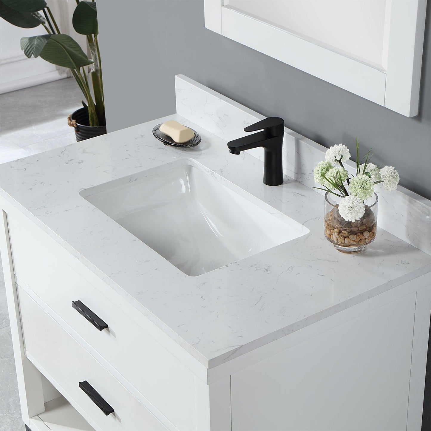 Altair Kesia 36" White Freestanding Single Bathroom Vanity Set With Mirror, Stylish Aosta White Composite Stone Top, Rectangular Undermount Ceramic Sink, Overflow, and Backsplash