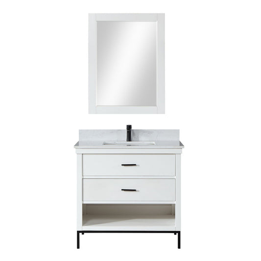 Altair Kesia 36" White Freestanding Single Bathroom Vanity Set With Mirror, Stylish Aosta White Composite Stone Top, Rectangular Undermount Ceramic Sink, Overflow, and Backsplash