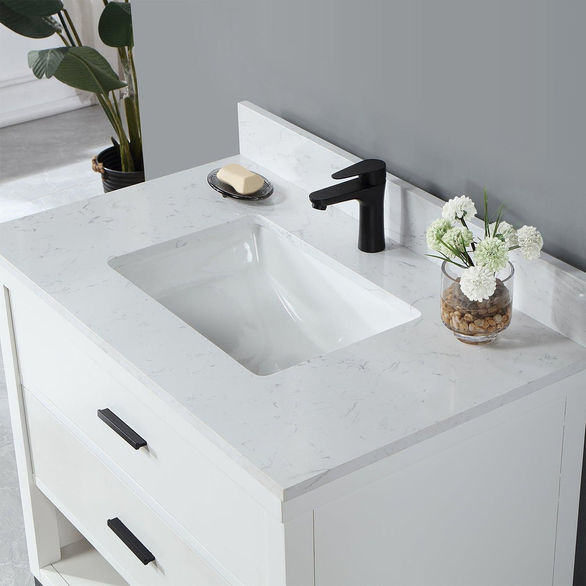 Altair Kesia 36" White Freestanding Single Bathroom Vanity Set With Stylish Aosta White Composite Stone Top, Rectangular Undermount Ceramic Sink, Overflow, and Backsplash