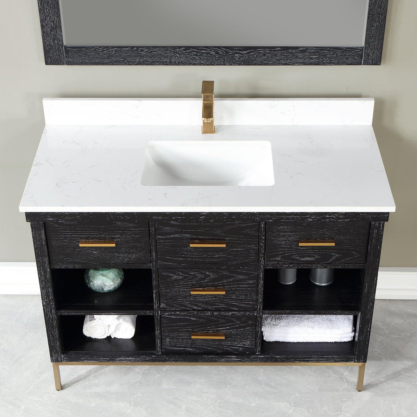 Altair Kesia 48" Black Oak Freestanding Single Bathroom Vanity Set With Mirror, Stylish Aosta White Composite Stone Top, Rectangular Undermount Ceramic Sink, Overflow, and Backsplash