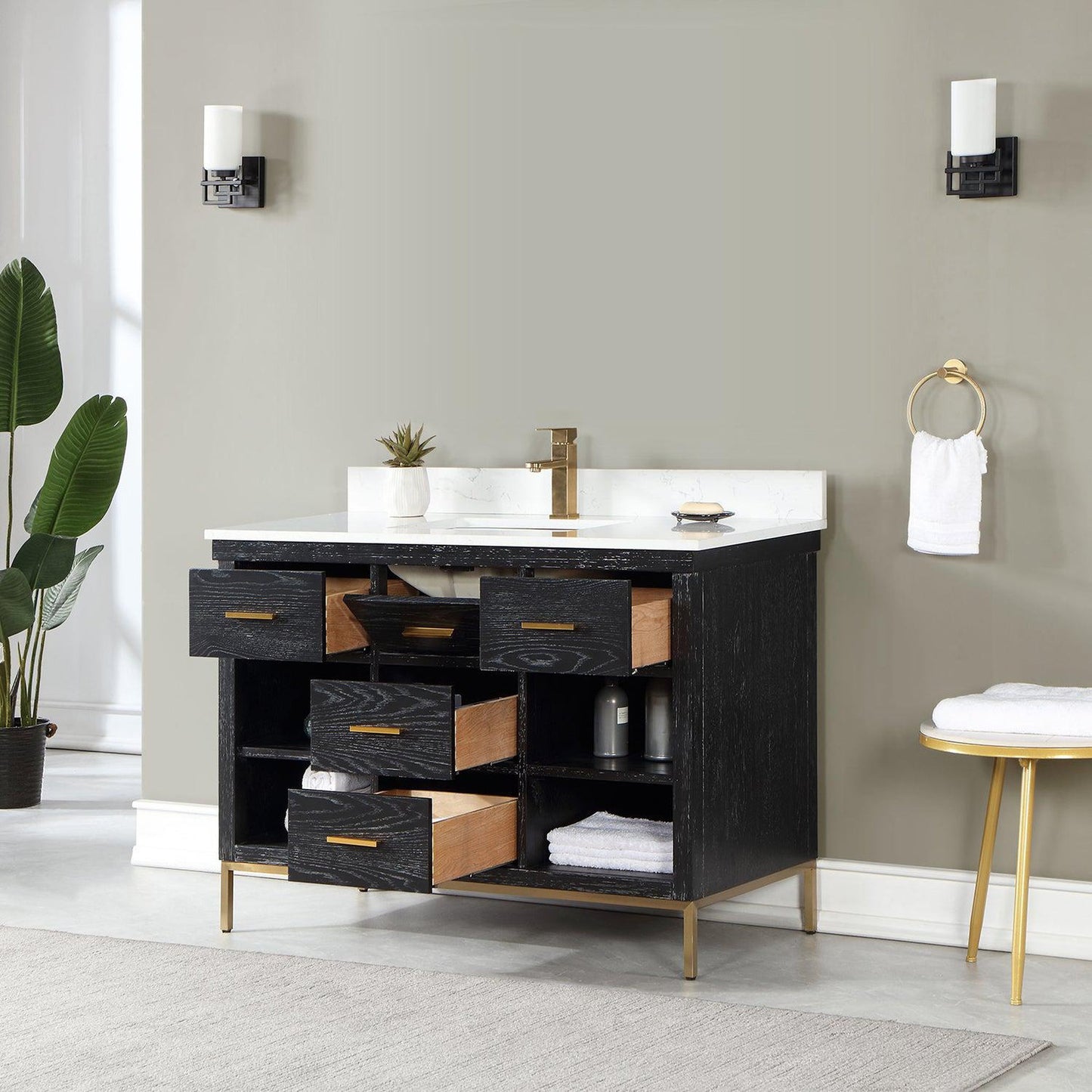 Altair Kesia 48" Black Oak Freestanding Single Bathroom Vanity Set With Stylish Aosta White Composite Stone Top, Rectangular Undermount Ceramic Sink, Overflow, and Backsplash