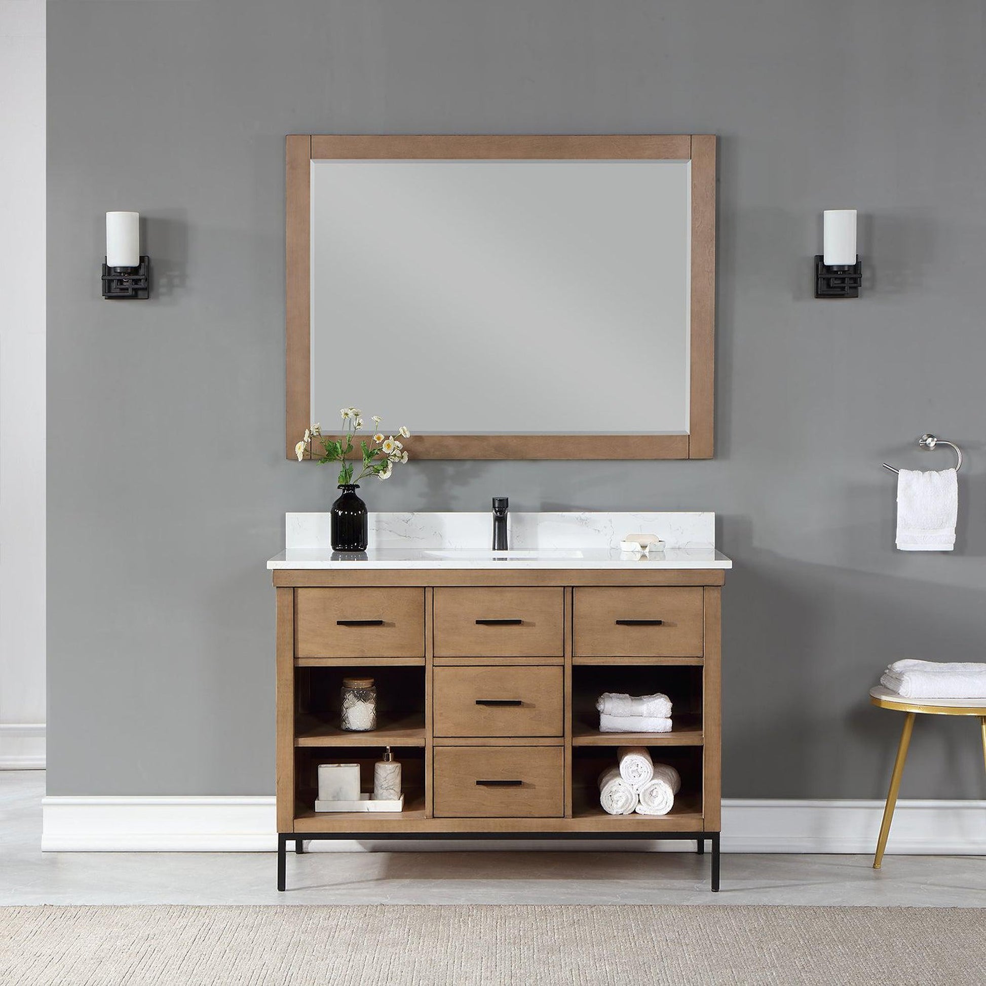 Altair Kesia 48" Brown Pine Freestanding Single Bathroom Vanity Set With Mirror, Stylish Aosta White Composite Stone Top, Rectangular Undermount Ceramic Sink, Overflow, and Backsplash