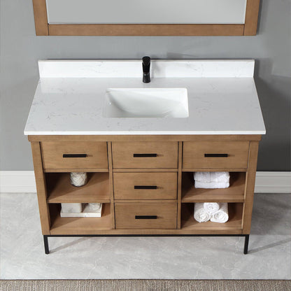 Altair Kesia 48" Brown Pine Freestanding Single Bathroom Vanity Set With Mirror, Stylish Aosta White Composite Stone Top, Rectangular Undermount Ceramic Sink, Overflow, and Backsplash