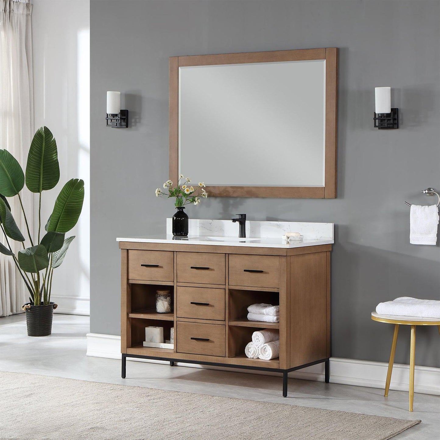 Altair Kesia 48" Brown Pine Freestanding Single Bathroom Vanity Set With Mirror, Stylish Aosta White Composite Stone Top, Rectangular Undermount Ceramic Sink, Overflow, and Backsplash