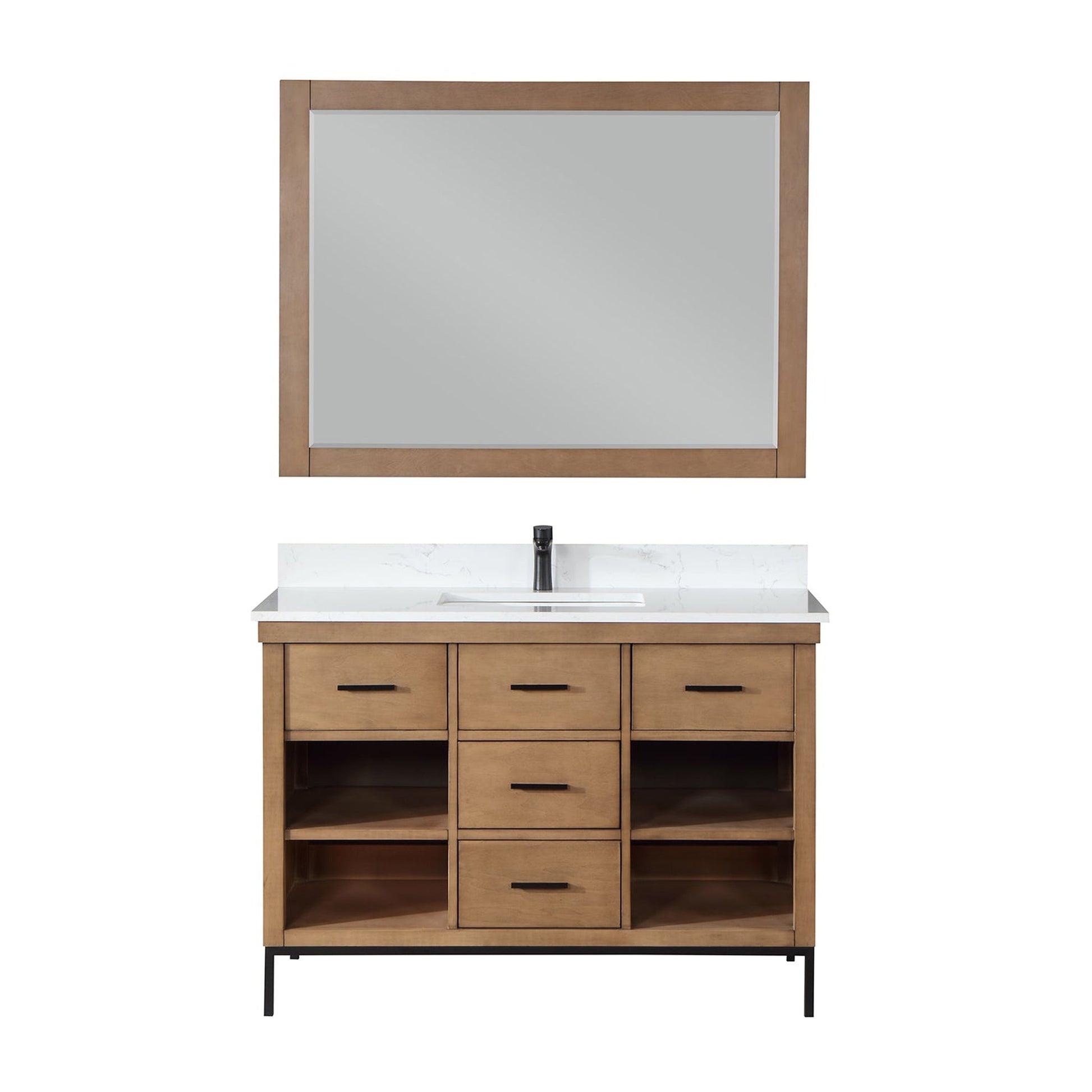 Altair Kesia 48" Brown Pine Freestanding Single Bathroom Vanity Set With Mirror, Stylish Aosta White Composite Stone Top, Rectangular Undermount Ceramic Sink, Overflow, and Backsplash