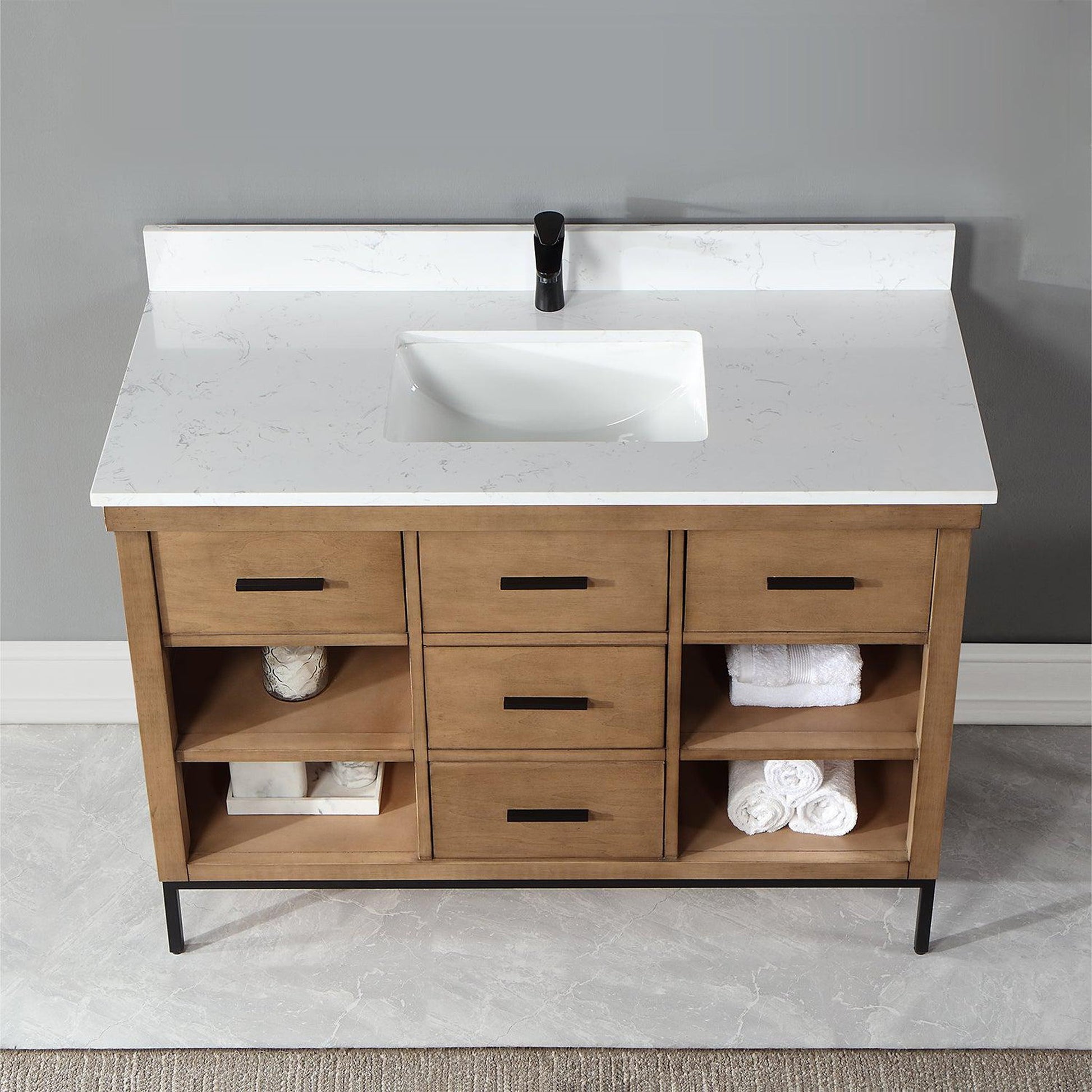 Altair Kesia 48" Brown Pine Freestanding Single Bathroom Vanity Set With Stylish Aosta White Composite Stone Top, Rectangular Undermount Ceramic Sink, Overflow, and Backsplash