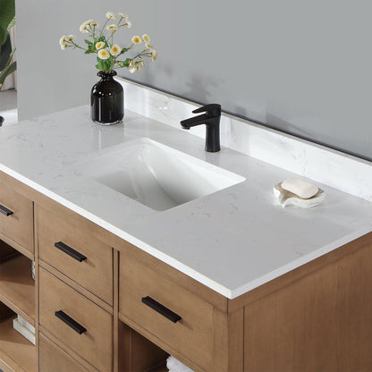 Altair Kesia 48" Brown Pine Freestanding Single Bathroom Vanity Set With Stylish Aosta White Composite Stone Top, Rectangular Undermount Ceramic Sink, Overflow, and Backsplash