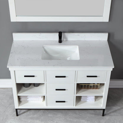 Altair Kesia 48" White Freestanding Single Bathroom Vanity Set With Mirror, Stylish Aosta White Composite Stone Top, Rectangular Undermount Ceramic Sink, Overflow, and Backsplash