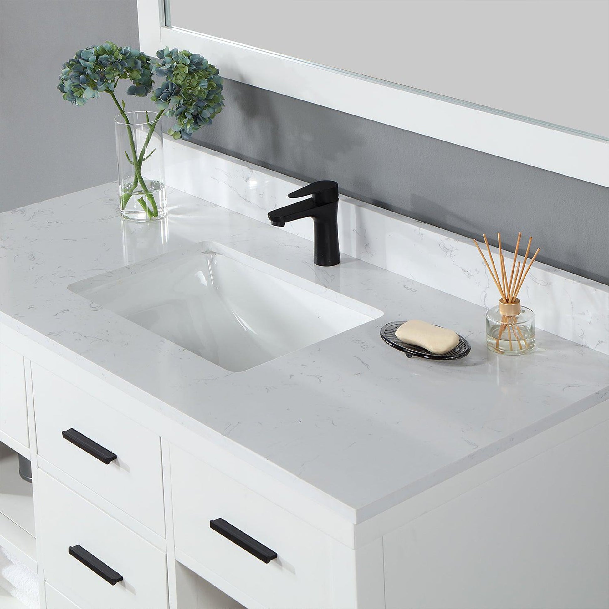 Altair Kesia 48" White Freestanding Single Bathroom Vanity Set With Mirror, Stylish Aosta White Composite Stone Top, Rectangular Undermount Ceramic Sink, Overflow, and Backsplash