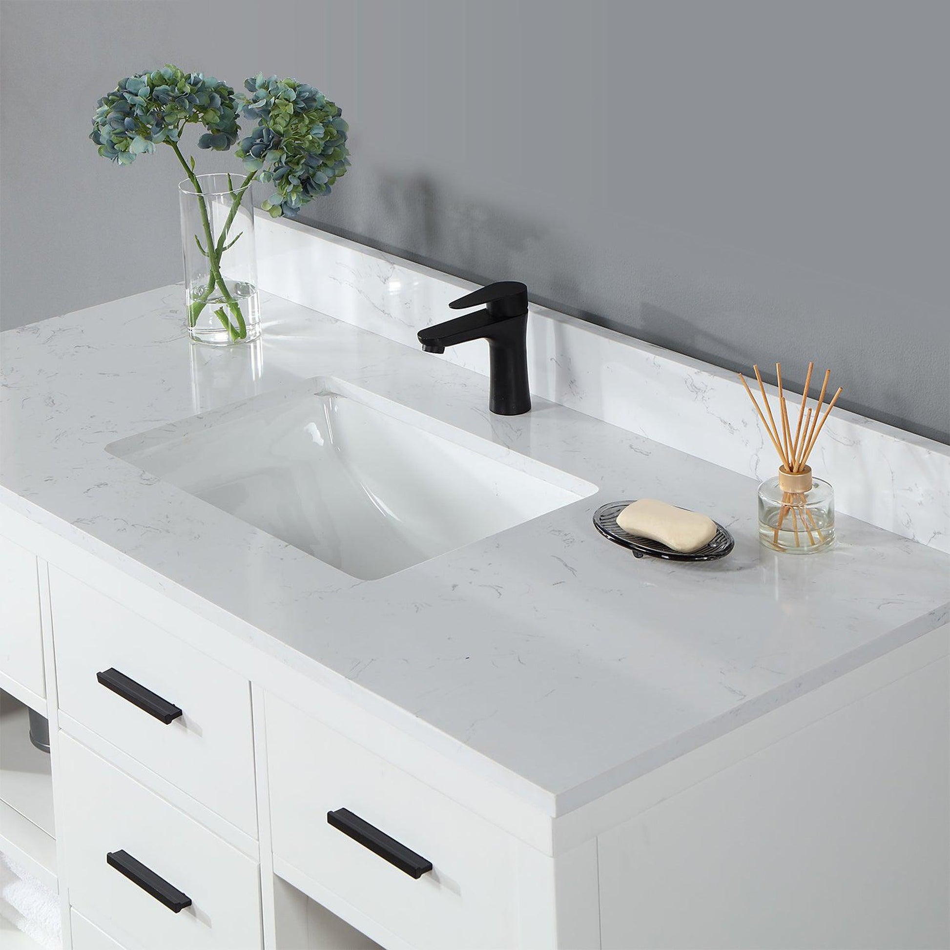 Altair Kesia 48" White Freestanding Single Bathroom Vanity Set With Stylish Aosta White Composite Stone Top, Rectangular Undermount Ceramic Sink, Overflow, and Backsplash