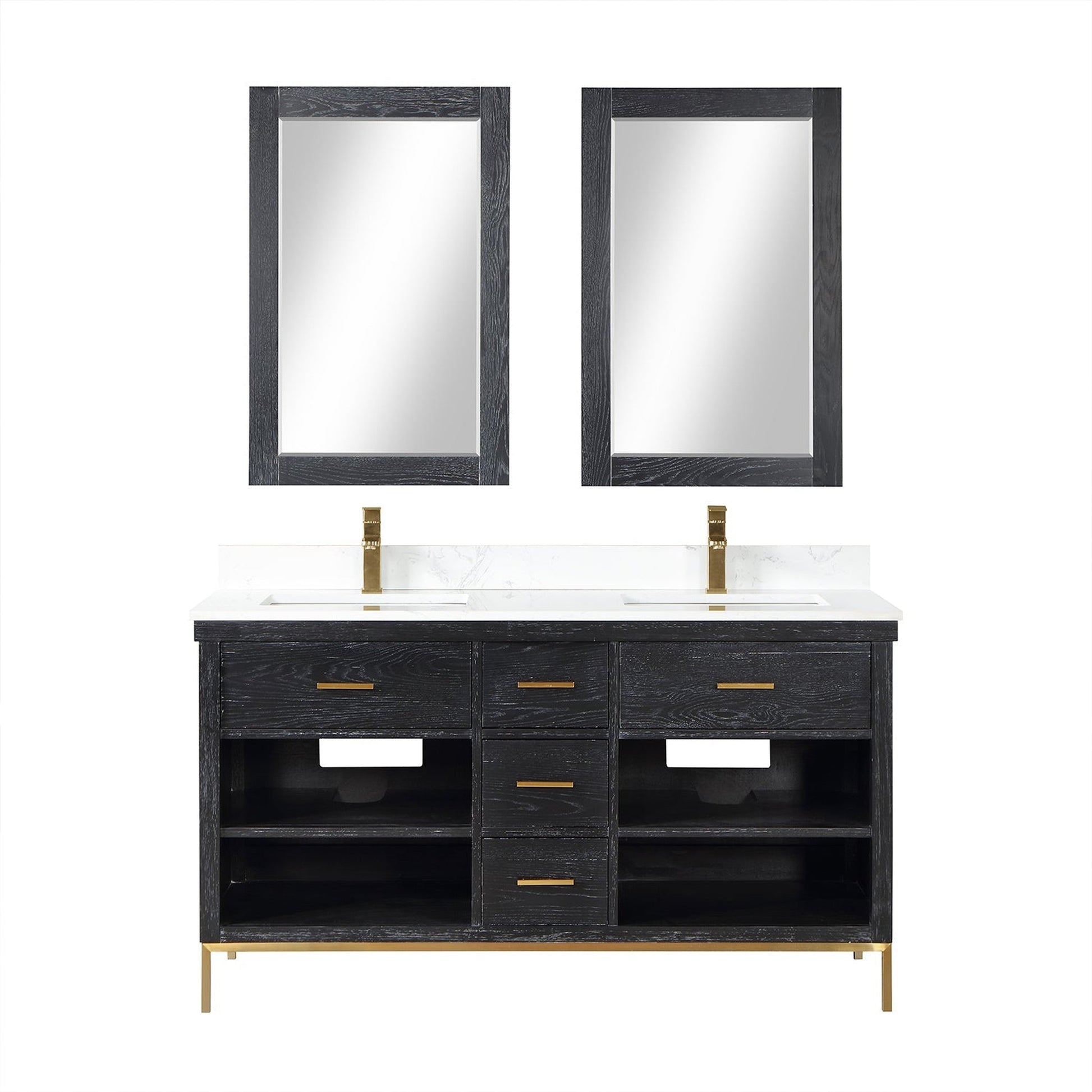 Altair Kesia 60" Black Oak Freestanding Double Bathroom Vanity Set With Mirror, Stylish Aosta White Composite Stone Top, Two Rectangular Undermount Ceramic Sinks, Overflow, and Backsplash