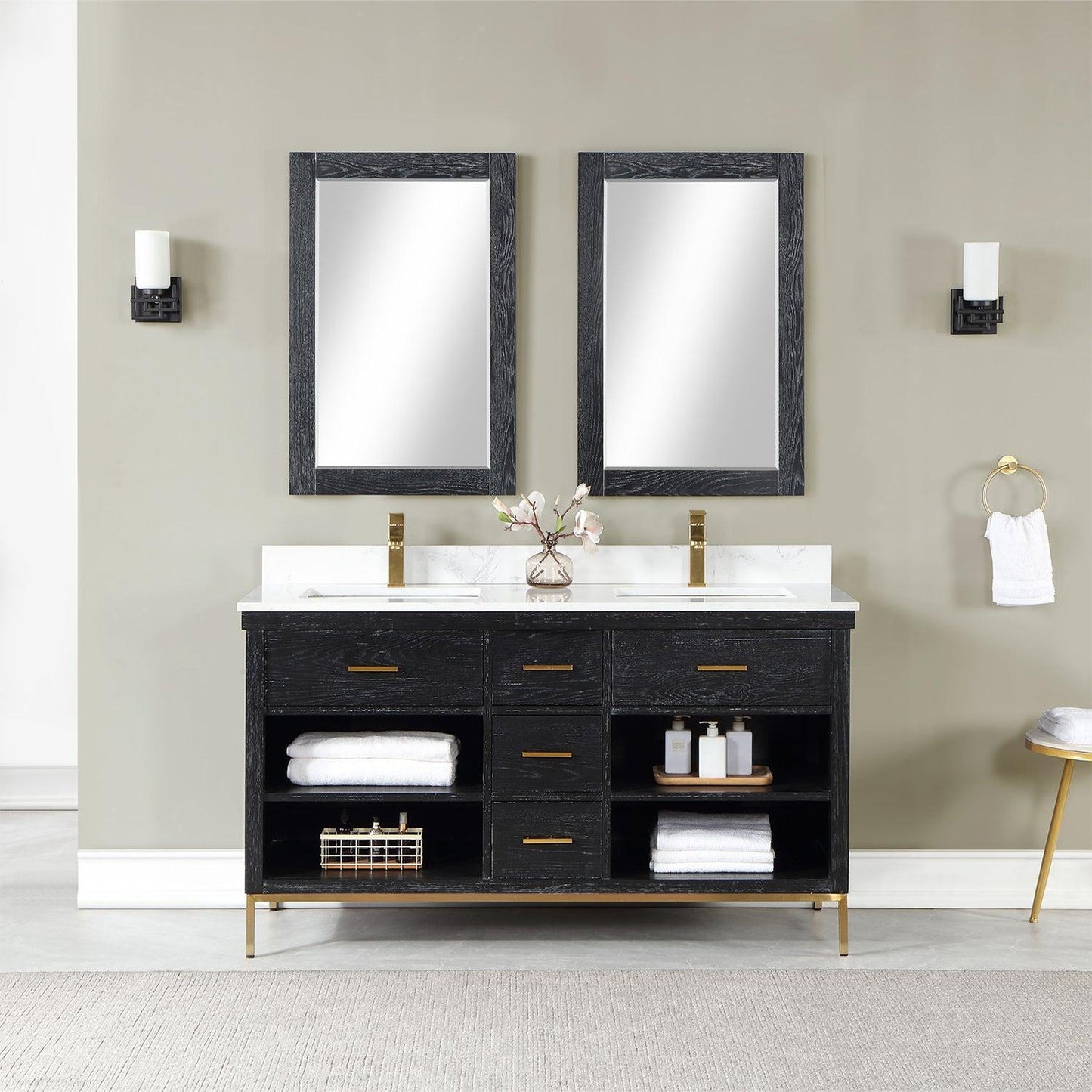 Altair Kesia 60" Black Oak Freestanding Double Bathroom Vanity Set With Mirror, Stylish Aosta White Composite Stone Top, Two Rectangular Undermount Ceramic Sinks, Overflow, and Backsplash