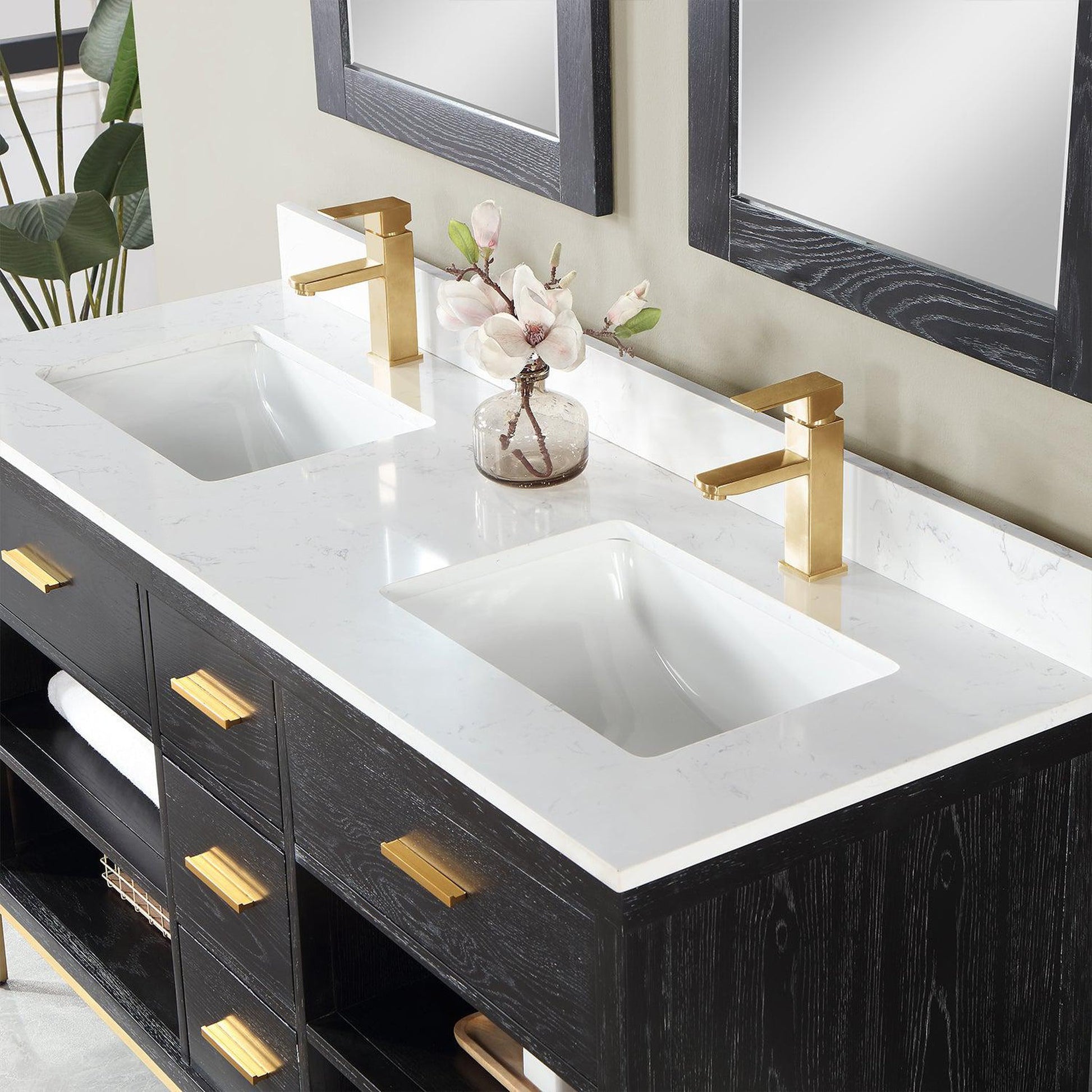Altair Kesia 60" Black Oak Freestanding Double Bathroom Vanity Set With Mirror, Stylish Aosta White Composite Stone Top, Two Rectangular Undermount Ceramic Sinks, Overflow, and Backsplash