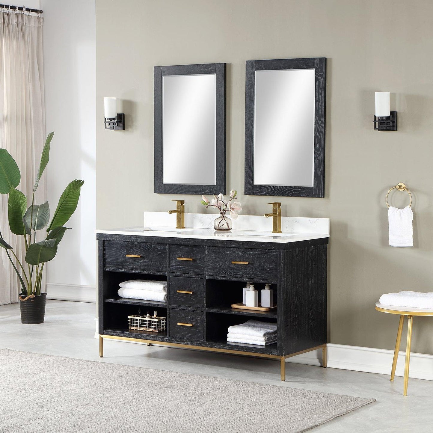 Altair Kesia 60" Black Oak Freestanding Double Bathroom Vanity Set With Mirror, Stylish Aosta White Composite Stone Top, Two Rectangular Undermount Ceramic Sinks, Overflow, and Backsplash