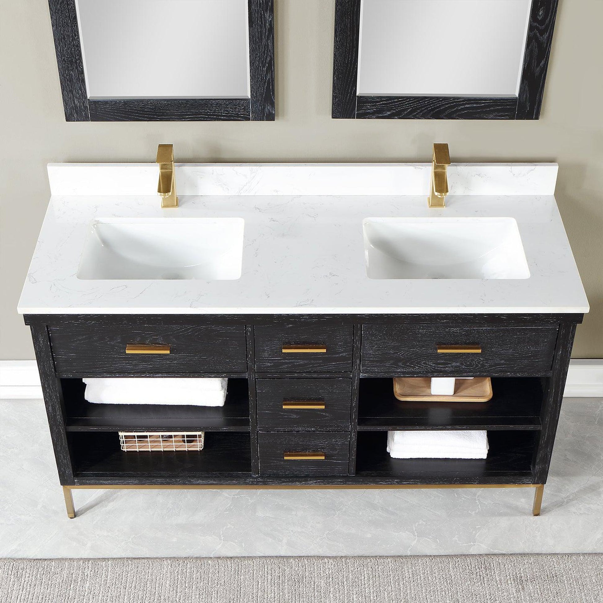 Altair Kesia 60" Black Oak Freestanding Double Bathroom Vanity Set With Mirror, Stylish Aosta White Composite Stone Top, Two Rectangular Undermount Ceramic Sinks, Overflow, and Backsplash