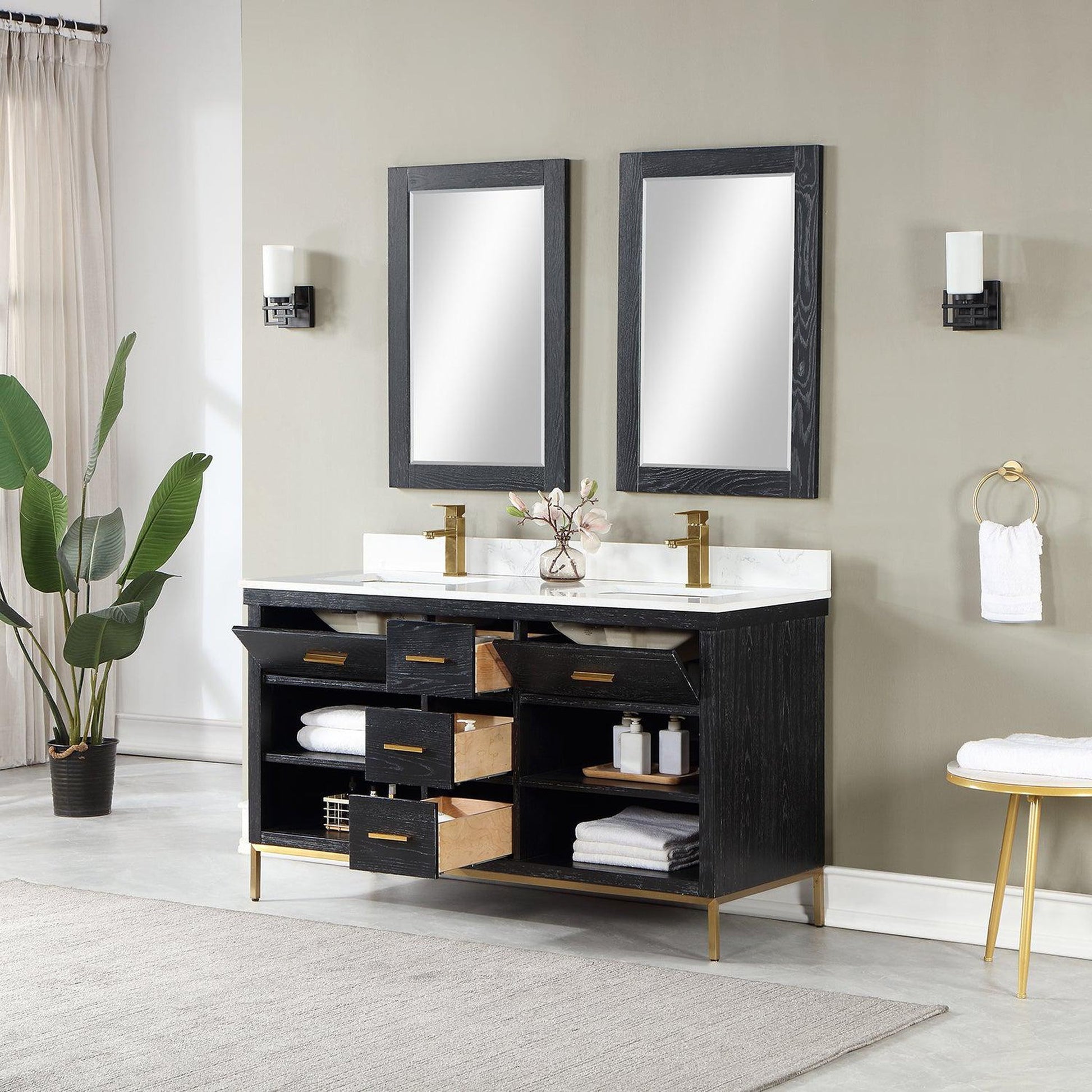 Altair Kesia 60" Black Oak Freestanding Double Bathroom Vanity Set With Mirror, Stylish Aosta White Composite Stone Top, Two Rectangular Undermount Ceramic Sinks, Overflow, and Backsplash