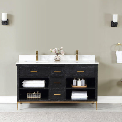 Altair Kesia 60" Black Oak Freestanding Double Bathroom Vanity Set With Stylish Aosta White Composite Stone Top, Two Rectangular Undermount Ceramic Sinks, Overflow, and Backsplash