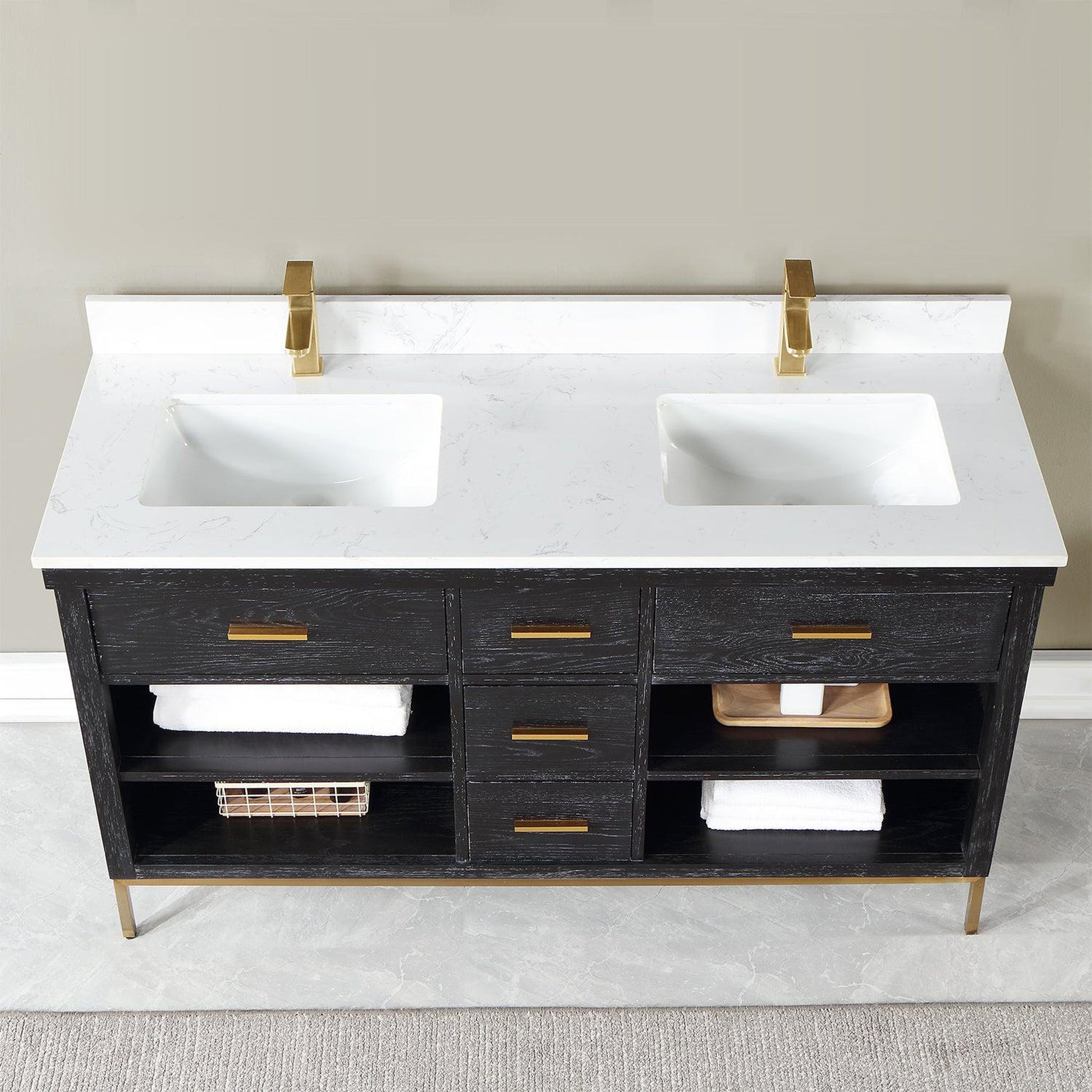 Altair Kesia 60" Black Oak Freestanding Double Bathroom Vanity Set With Stylish Aosta White Composite Stone Top, Two Rectangular Undermount Ceramic Sinks, Overflow, and Backsplash