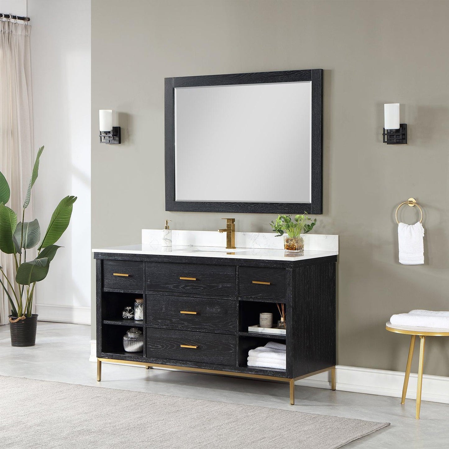 Altair Kesia 60" Black Oak Freestanding Single Bathroom Vanity Set With Mirror, Stylish Aosta White Composite Stone Top, Rectangular Undermount Ceramic Sink, Overflow, and Backsplash