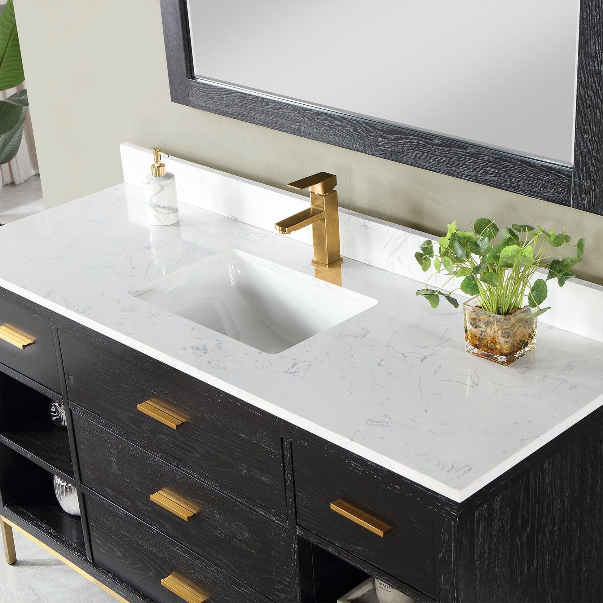 Altair Kesia 60" Black Oak Freestanding Single Bathroom Vanity Set With Mirror, Stylish Aosta White Composite Stone Top, Rectangular Undermount Ceramic Sink, Overflow, and Backsplash