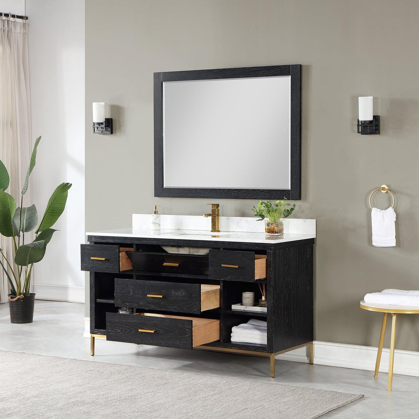 Altair Kesia 60" Black Oak Freestanding Single Bathroom Vanity Set With Mirror, Stylish Aosta White Composite Stone Top, Rectangular Undermount Ceramic Sink, Overflow, and Backsplash