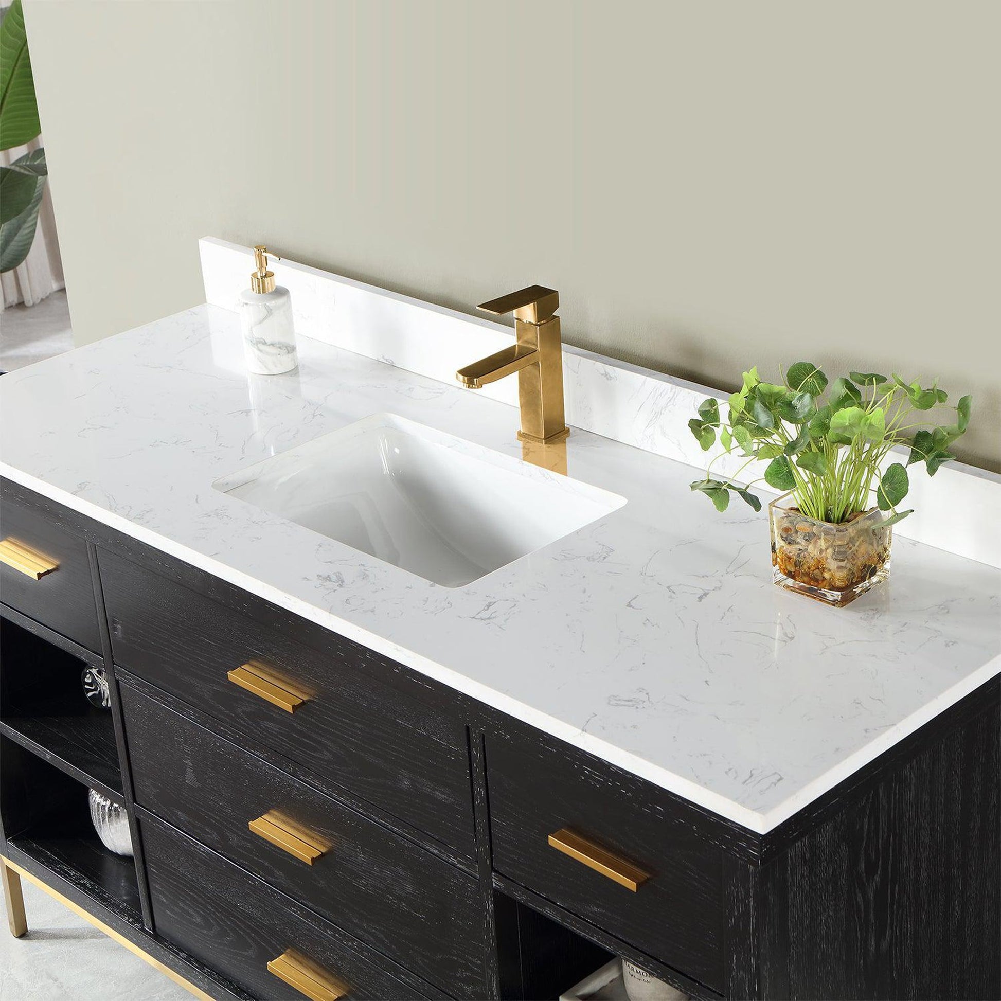 Altair Kesia 60" Black Oak Freestanding Single Bathroom Vanity Set With Stylish Aosta White Composite Stone Top, Rectangular Undermount Ceramic Sink, Overflow, and Backsplash
