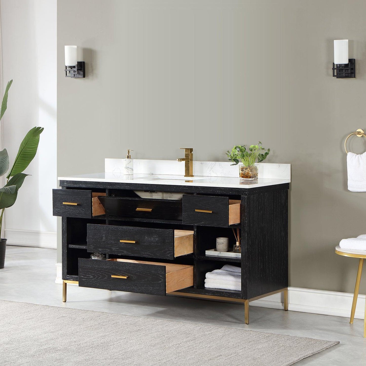 Altair Kesia 60" Black Oak Freestanding Single Bathroom Vanity Set With Stylish Aosta White Composite Stone Top, Rectangular Undermount Ceramic Sink, Overflow, and Backsplash