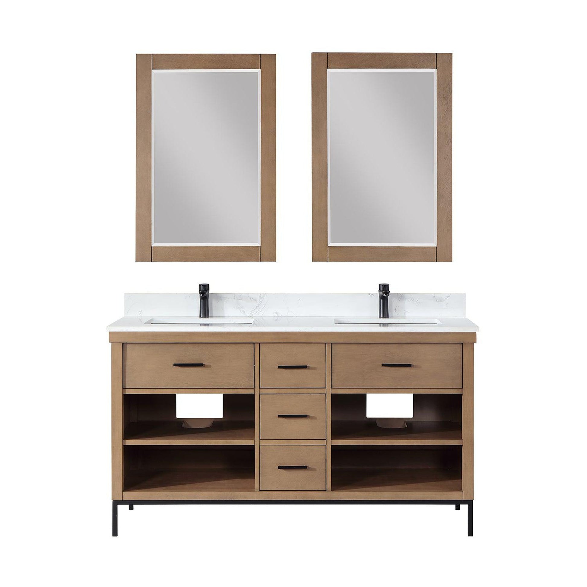 Altair Kesia 60" Brown Pine Freestanding Double Bathroom Vanity Set With Mirror, Stylish Aosta White Composite Stone Top, Two Rectangular Undermount Ceramic Sinks, Overflow, and Backsplash