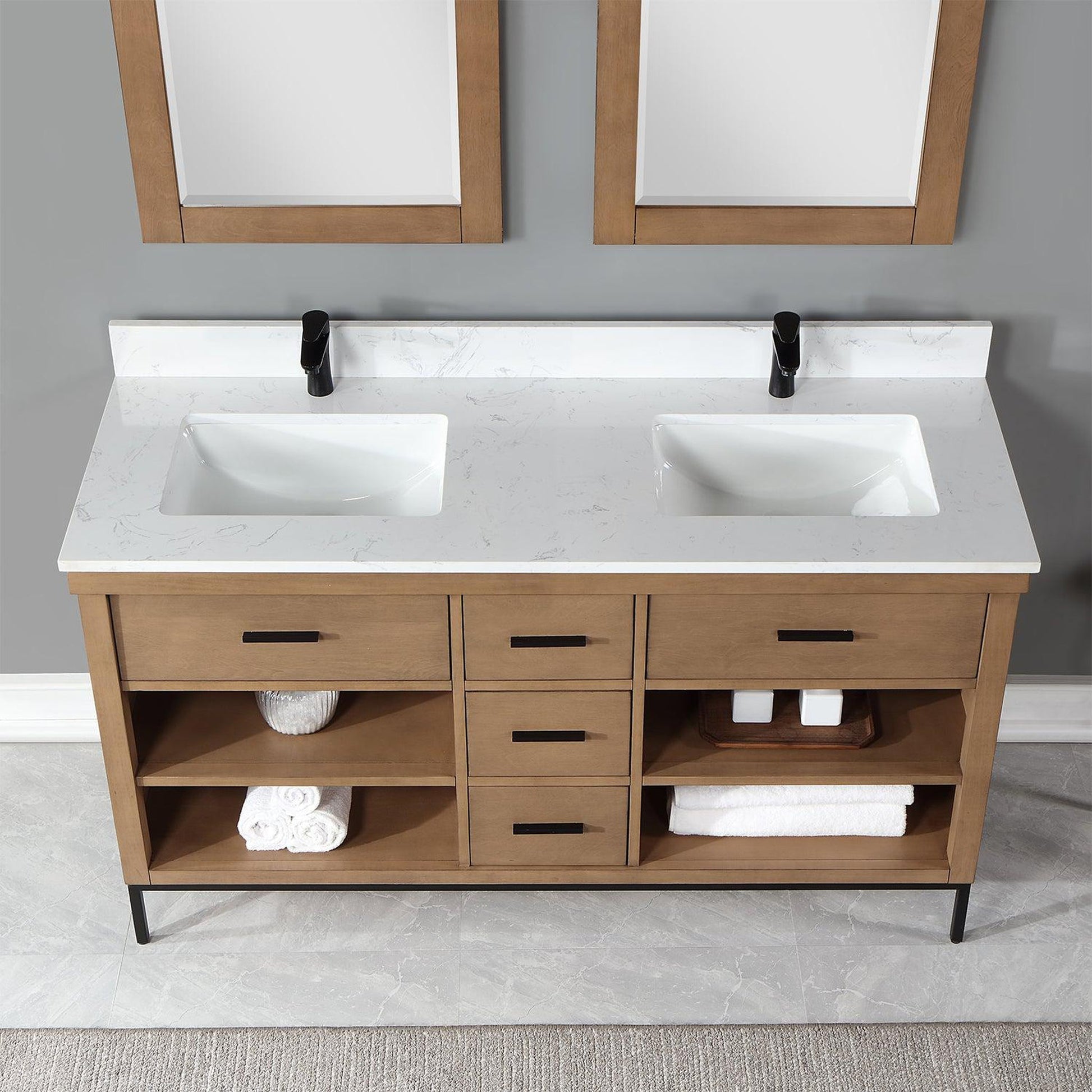 Altair Kesia 60" Brown Pine Freestanding Double Bathroom Vanity Set With Mirror, Stylish Aosta White Composite Stone Top, Two Rectangular Undermount Ceramic Sinks, Overflow, and Backsplash